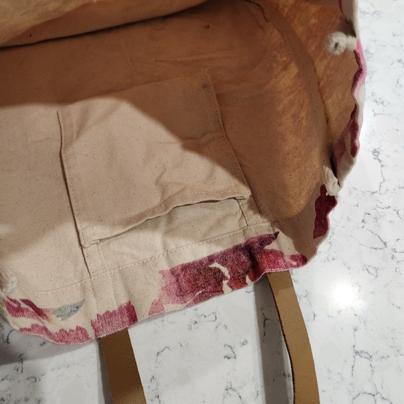 FLORAL FLIRTY POM POM CANVAS TOTE BAG WATERCOLOR ECCOLO NWT cream & pink - Picture 10 of 12